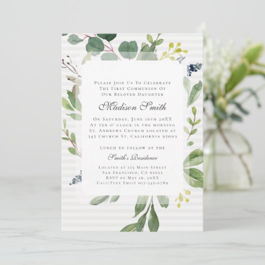Waterverf Foliage Eerste Communie Uitnodiging (Staand voorkant)