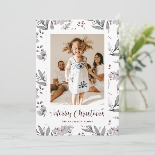 Waterverf Foliage Foto Vrolijk Kerstfeest Kaart (Staand voorkant)
