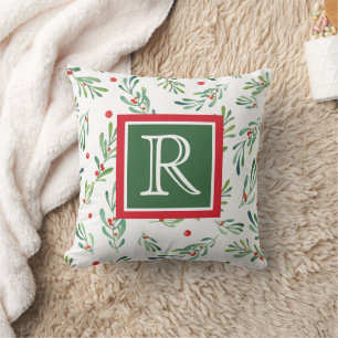 Waterverf Foliage Gepersonaliseerd Monogram Kerst Kussen
