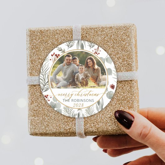 Waterverf Foliage Gold Script Foto Kerst Ronde Sticker