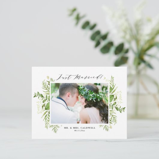 Waterverf Foliage Greenery Foto gewoon getrouwd Aankondigingskaart (Staand voorkant)