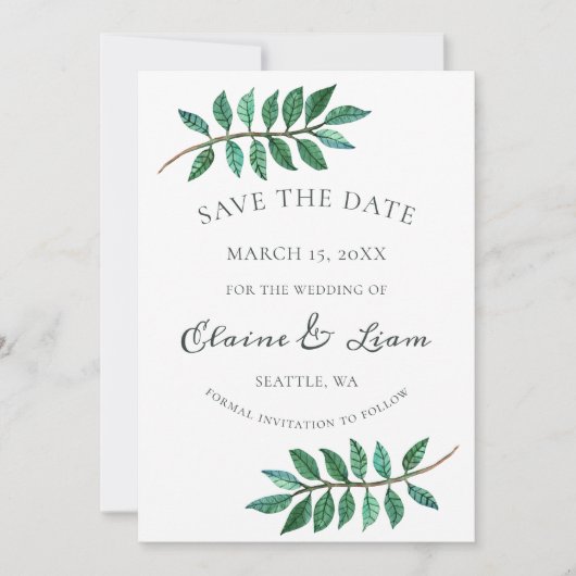 Waterverf Foliage Greenery Wedding Save The Date (Voorkant)