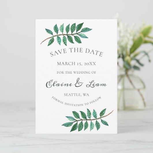 Waterverf Foliage Greenery Wedding Save The Date (Staand voorkant)