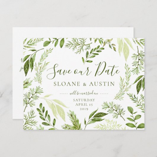 Waterverf Foliage Heart Botanical Save the Date Aankondigingskaart (Voorkant / Achterkant)