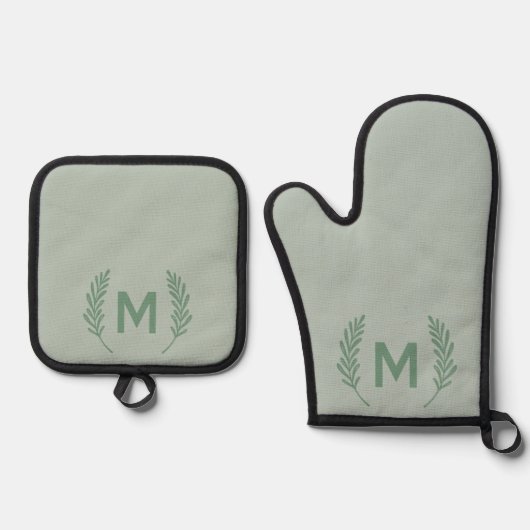 Waterverf Foliage Monogram Modern Girly Custom Ovenwant & Pannenlap Set (Voorkant)