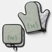 Waterverf Foliage Monogram Modern Girly Custom Ovenwant & Pannenlap Set (Voorkant / Achterkant)
