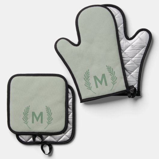Waterverf Foliage Monogram Modern Girly Custom Ovenwant & Pannenlap Set (Voorkant / Achterkant)