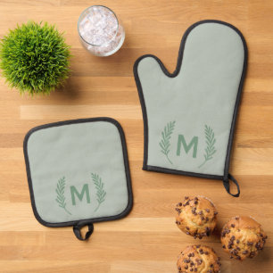 Waterverf Foliage Monogram Modern Girly Custom Ovenwant & Pannenlap Set