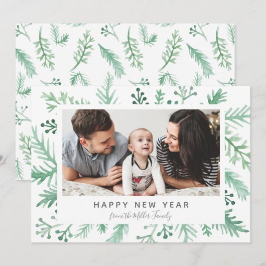 Waterverf Foliage New Year Photo Lijst Feestdagenkaart (Voorkant / Achterkant)