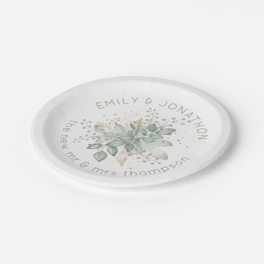 Waterverf Foliage Sage Groen Goud Koppels Namen Papieren Bordje (Gekanteld)