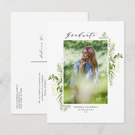 Waterverf Foliage Verticale foto-Afstuderen Aankondigingskaart (Voorkant / Achterkant)