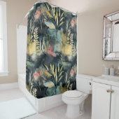 Waterverf Foliage Zwart Roze Geel Abstract Douchegordijn (In situ)