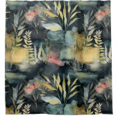 Waterverf Foliage Zwart Roze Geel Abstract Douchegordijn (Voorkant)