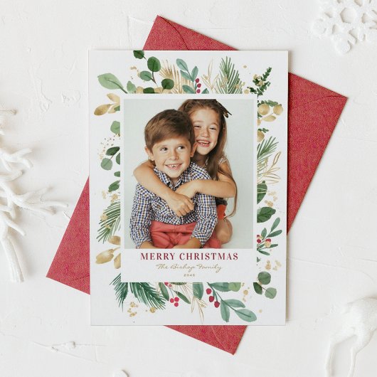 Waterverf & Folie Wintergroen Foto Kerst Feestdagenkaart