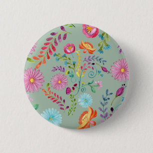 Waterverf Folk Flowers -  Ronde Button 5,7 Cm