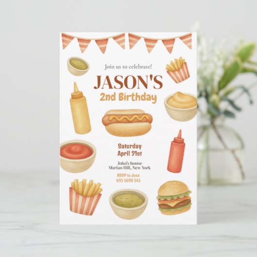 Waterverf Food Hot Dog Burger Kids Verjaardag Kaart (Staand voorkant)