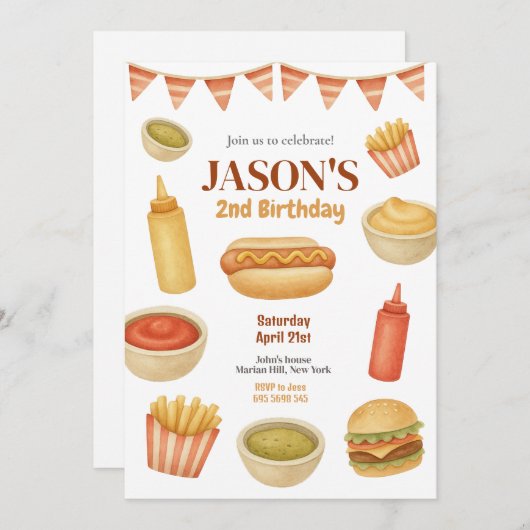 Waterverf Food Hot Dog Burger Kids Verjaardag Kaart (Voorkant / Achterkant)