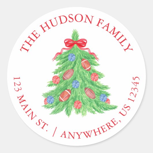 Waterverf Football Kerstboom Adres Ronde Sticker (Voorkant)