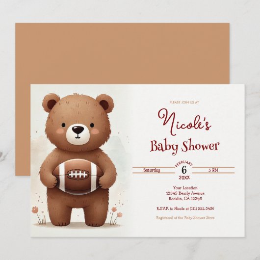 Waterverf Football Teddy Bear Baby shower Kaart (Voorkant / Achterkant)
