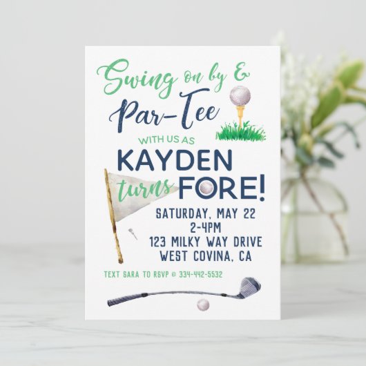 Waterverf FORE Golf Birthday Uitnodiging (Staand voorkant)