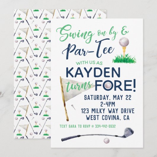 Waterverf FORE Golf Birthday Uitnodiging (Voorkant / Achterkant)