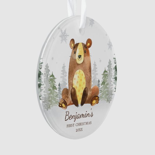 Waterverf Forest Beer Baby's eerste kerstmis Ornament (voorkant)