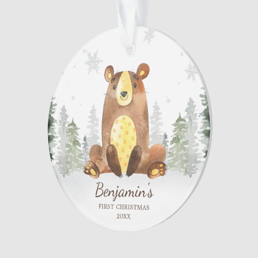 Waterverf Forest Beer Baby's eerste kerstmis Ornament (voorkant)