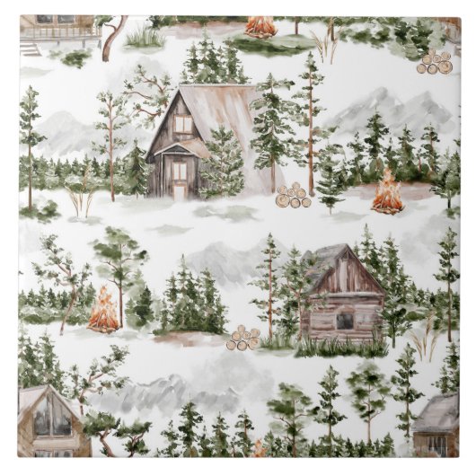 Waterverf Forest Cabin Pattern Tegeltje (Voorkant)