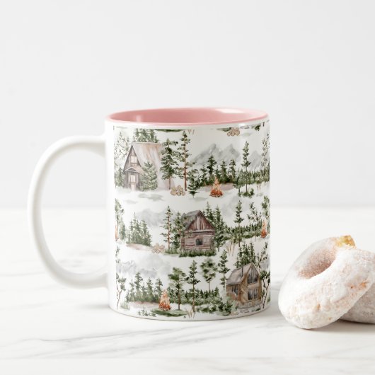 Waterverf Forest Cabin Pattern Tweekleurige Koffiemok (Met donut)