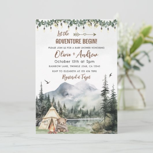 Waterverf Forest Camping Adventure Baby shower Kaart (Staand voorkant)