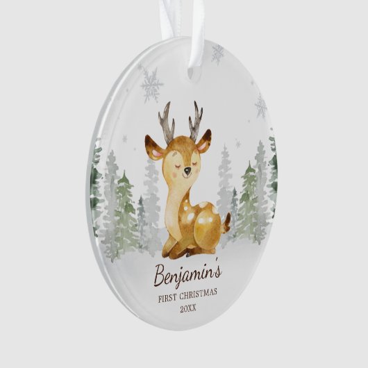 Waterverf Forest Deer Baby's Eerste Kerstmis Ornament (voorkant)