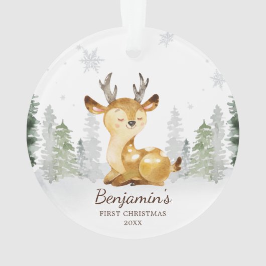 Waterverf Forest Deer Baby's Eerste Kerstmis Ornament (achterkant)