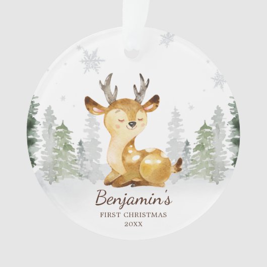 Waterverf Forest Deer Baby's Eerste Kerstmis Ornament (voorkant)