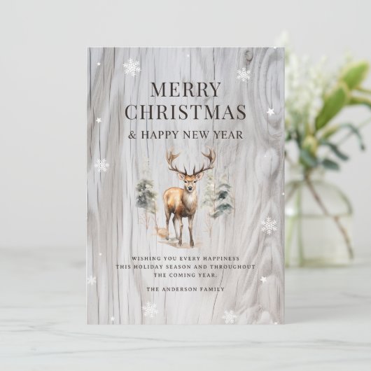 Waterverf Forest Deer Wood Snowflake Feestdagenkaart (Staand voorkant)