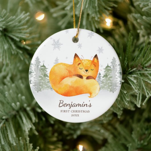 Waterverf Forest Fox Baby's Eerste Kerstmis Keramisch Ornament (Boom)