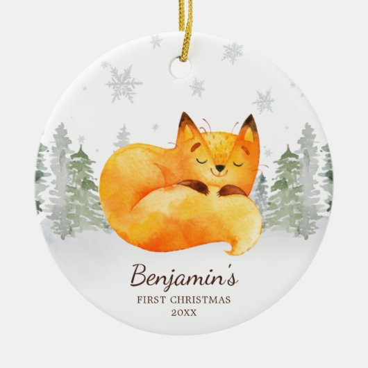 Waterverf Forest Fox Baby's Eerste Kerstmis Keramisch Ornament (Voorkant)
