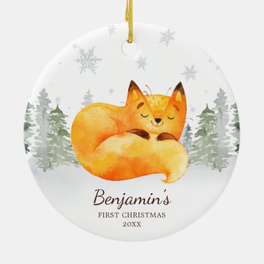 Waterverf Forest Fox Baby's Eerste Kerstmis Keramisch Ornament (Achterkant)