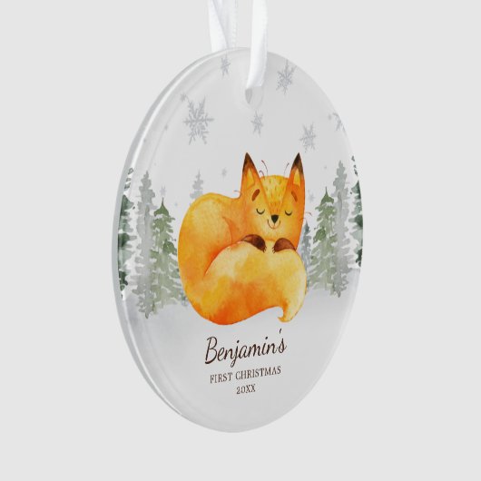 Waterverf Forest Fox Baby's Eerste Kerstmis Ornament (voorkant)