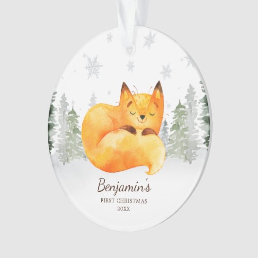 Waterverf Forest Fox Baby's Eerste Kerstmis Ornament (voorkant)