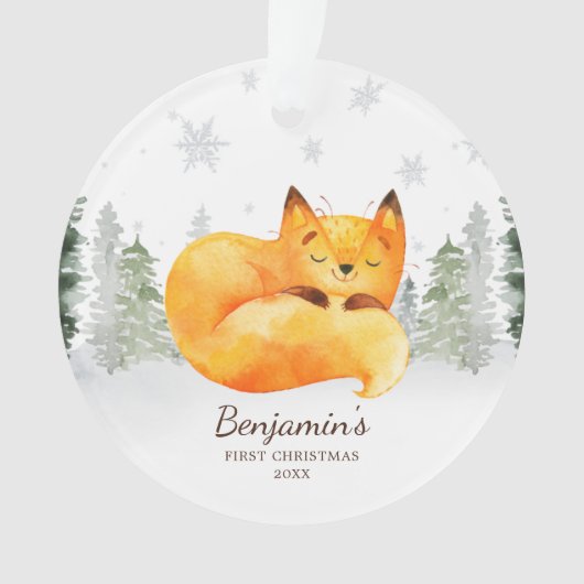 Waterverf Forest Fox Baby's Eerste Kerstmis Ornament (voorkant)