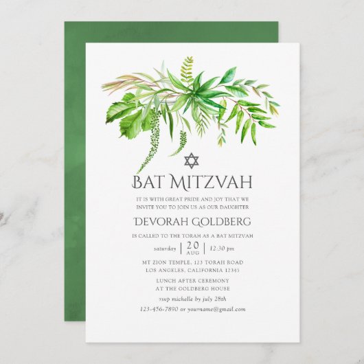 Waterverf Forest Greenery Bat Mitzvah Kaart (Voorkant / Achterkant)