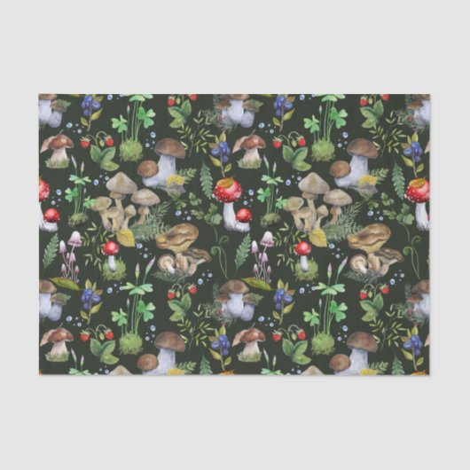 Waterverf Forest Greenery Mushrooms Berries Green Tissuepapier (Voorkant)