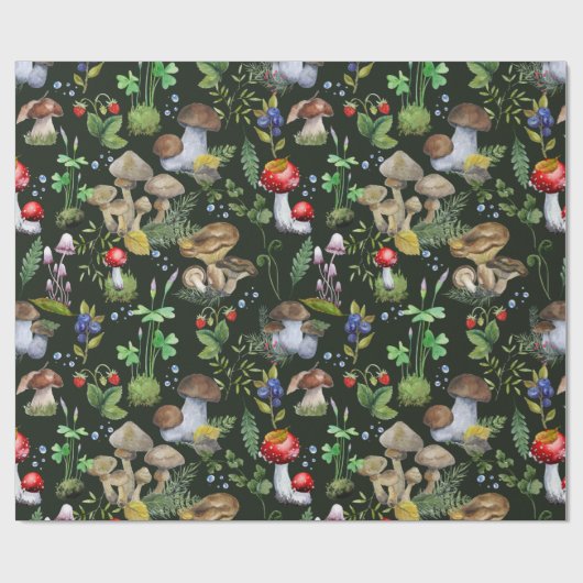 Waterverf Forest Greenery Mushrooms Berries Herfst Cadeaupapier (Vlak)