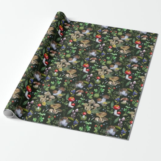 Waterverf Forest Greenery Mushrooms Berries Herfst Cadeaupapier (Uitgerold)