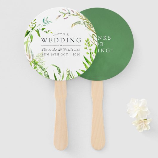 Waterverf Forest Greenery Wedding Favor Handwaaier (Voorkant en achterkant)