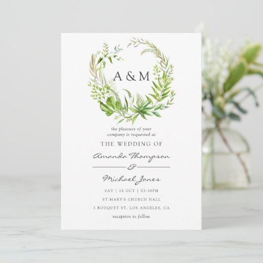 Waterverf Forest Greenery Wedding Invitation Kaart (Staand voorkant)