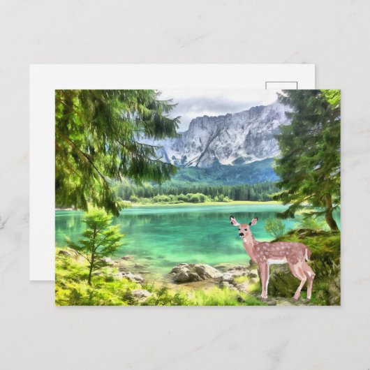 Waterverf Forest Lake Deer Landschap Briefkaart (Voorkant / Achterkant)