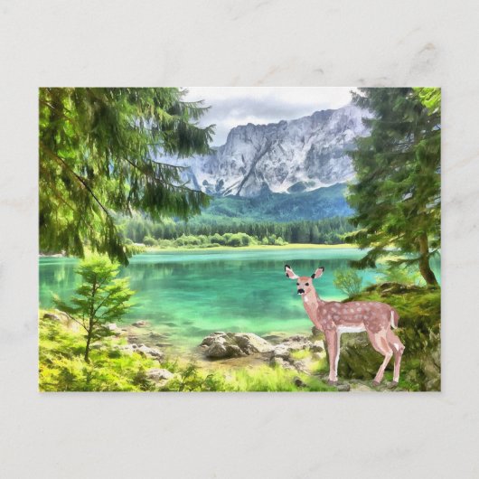 Waterverf Forest Lake Deer Landschap Briefkaart (Voorkant)