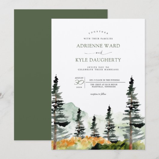 Waterverf Forest Landscape Mountain Wedding Invit Kaart (Voorkant / Achterkant)