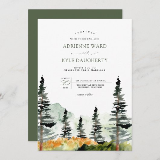 Waterverf Forest Landscape Mountain Wedding Kaart (Voorkant / Achterkant)